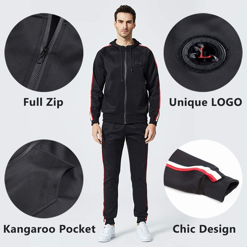 DUOFIER Men's Hooded Athletic Tracksuit Full Zip Casual Jogging Gym Sweat Suits Black - Image 3